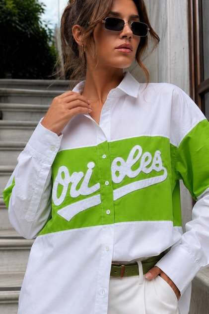 Women's Loose Fit Letter Print Long Sleeve Color Block Shirt