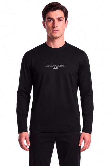 Men's Regular Fit Logo Patterned Crew Neck Long Sleeve Black T-Shirt