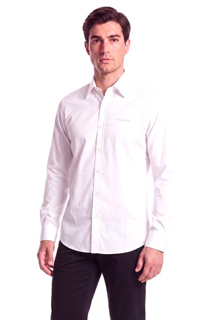 Men's Regular Fit Logo Embroidered Cotton Long Sleeve White Shirt