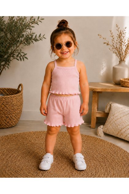 Girl's Pink Crop Top and Shorts Two-Piece Stylish Summer Set