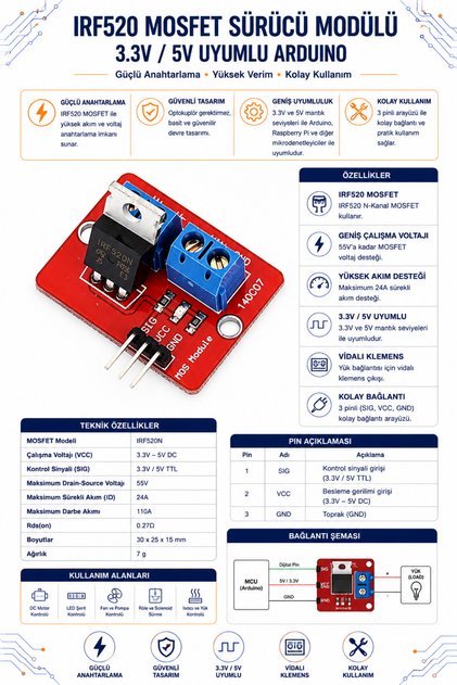 IRF520 MOSFET Sürücü Modülü - 3.3V/5V Uyumlu, Arduino