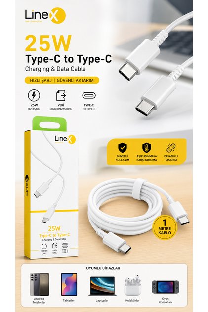 Hızlı Şarj ve Data Kablosu 1 Metre 25W Type-C to Type-C – USB-C Hızlı Şarj Kablosu Telefon Tablet Uyumlu