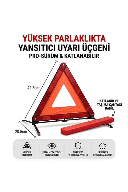 Üçgen Reflektör Metal Ayaklı Katlanabilir Kutulu Uyarı İkaz Reflektörü 1 Adet