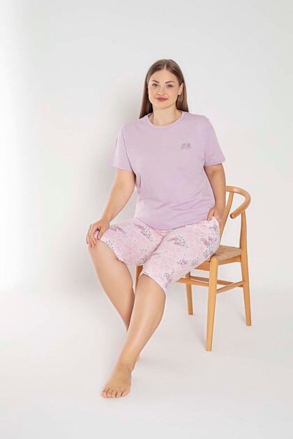 Lila Kısa Kollu Kapri Büyük Beden %100 Pamuk Kadın Pijama Takımı