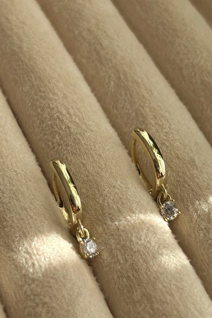 Özel Seri 14K Altın Kaplama Tek Taşlı Gold Renk Kadın Küpe (Birinci Sınıf Kalite/Kararmaz/Paslanmaz)