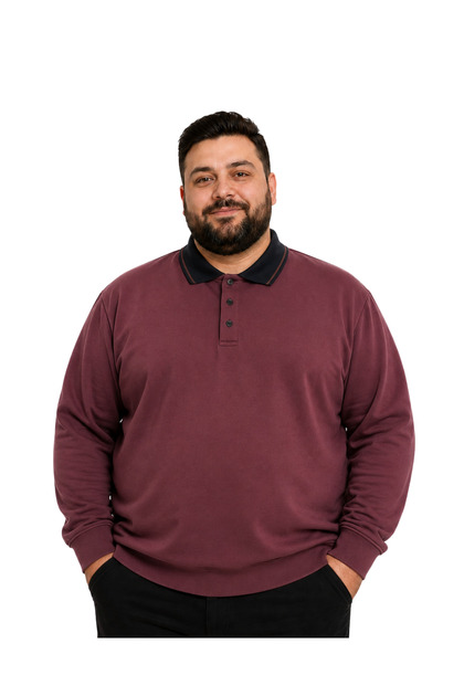 Men's Plus Size Cherry Two-Thread Buttoned Polo Collar Sweatshirt 3Xl-4Xl-5Xl-6Xl