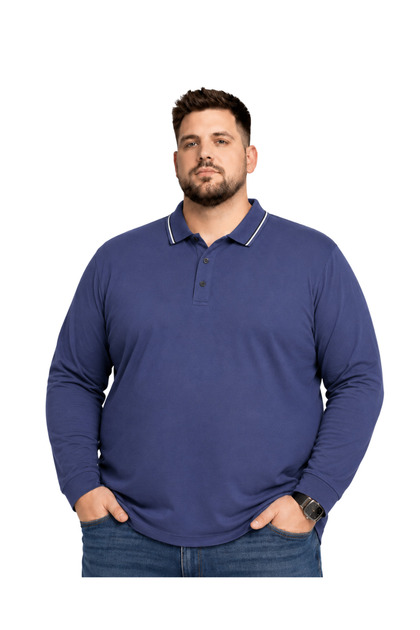 Men's Plus Size Melange Indigo 100% Cotton Striped Polo Collar T-Shirt 5Xl-6Xl-7Xl-8Xl
