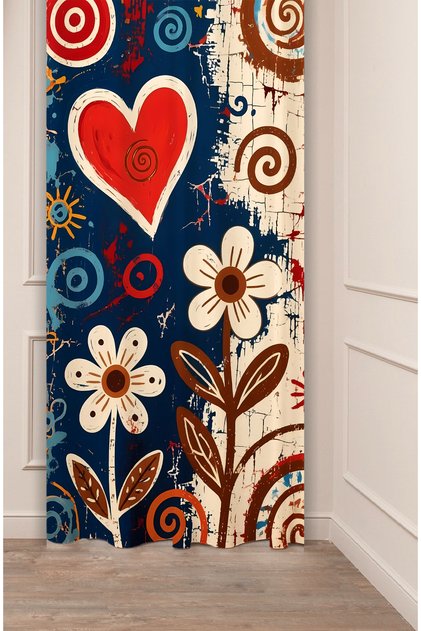 Retro Flowers and Heart Motifs Artistic Digital Printed Background Curtain
