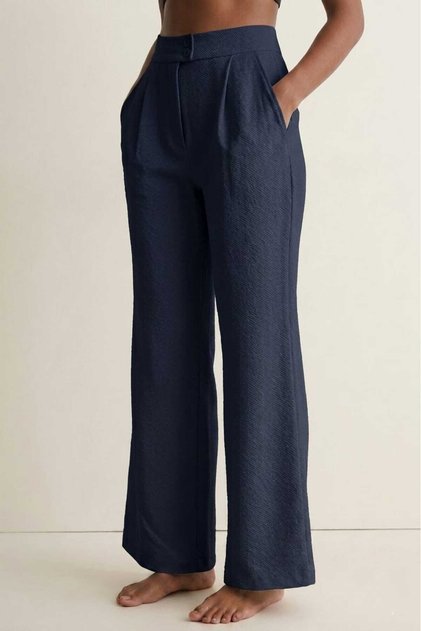 Navy Blue Women's High Waist Stretchy Textured Crepe Fabric Wide Leg Palazzo Trousers - Button Closure Detail