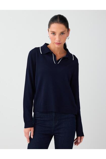 Navy Blue Striped Detailed Polo Collar Knit Sweater