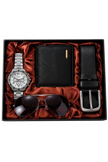 Set cadou elegant pentru barbati, 4 piese, ceas, portofel, curea si ochelari de soare