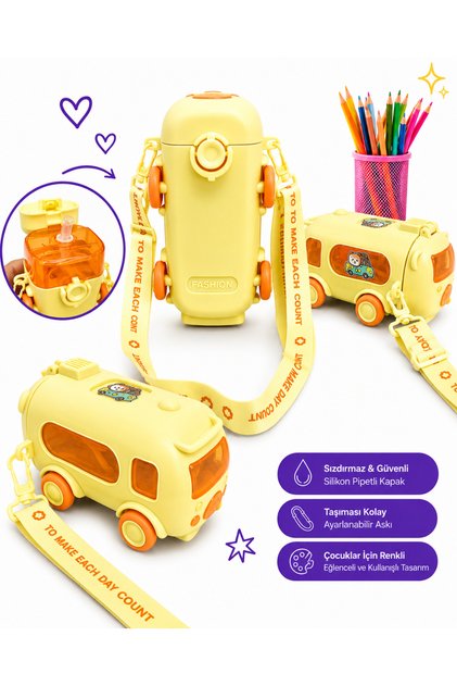 Cute Bus-Shaped Water Bottle 500 ml – Leak-Proof with Silicone Straw, Adjustable Strap, Colorful Cute Bus-Shaped Water Bottle