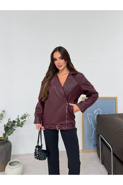 Women's Brown Faux Leather Zippered Biker Jacket with Belt Detail