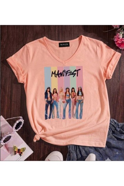 Manifest Pink V-Neck Design T-Shirt