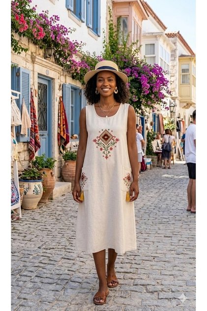 Women's Beige Round Neck Embroidery Detailed Sleeveless Linen Midi Dress