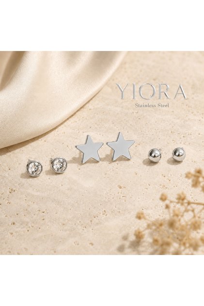 3 Pairs Stainless Steel Earrings Set – Rhinestone, Star and Top Model Silver Color