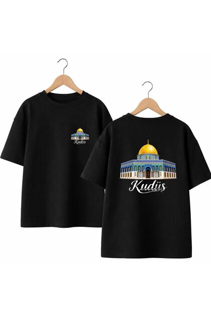 Kudüs Cep Logo Sırt Ve Ön Gögüs Baskılı %100 Pamuk Oversize Bol Regular Fit Bisiklet Yaka T-shirt