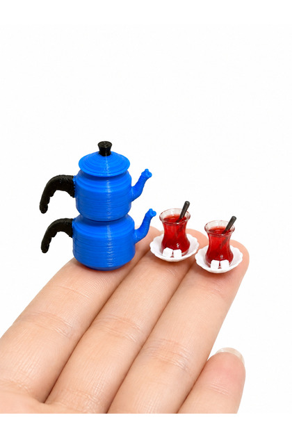 3'Lü 2 Adet Çay Bardağı , 1 Adet Emaye Çaydanlık Mini Minyatür Diorama Dollhouse Bebek Evi Mutfak Malzemeleri