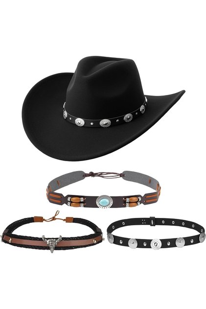 4-Piece Set,Cowboy Hat for Grown-ups,Wide Brim Faux Suede Cowgirl Hat with 3 Interchangeable Hat Bands,Western Theme Party