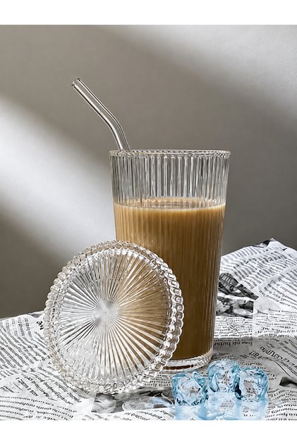 1 Adet 400 Ml Cam Kapaklı Pipetli Origami Stil Cam Bardak Kahve Ve Sunum Bardağı Meşrubat Bardağı