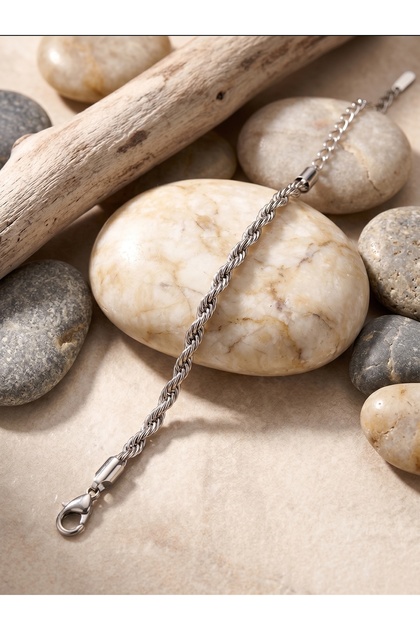 Silver Color Stainless Steel Twisted Chain Bracelet - Tarnish Resistant Water Resistant Minimalist Rope Model