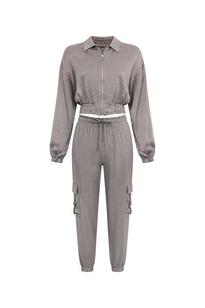 Wrinkle Effect Jacket Pants Smoke Gray Satin Suit