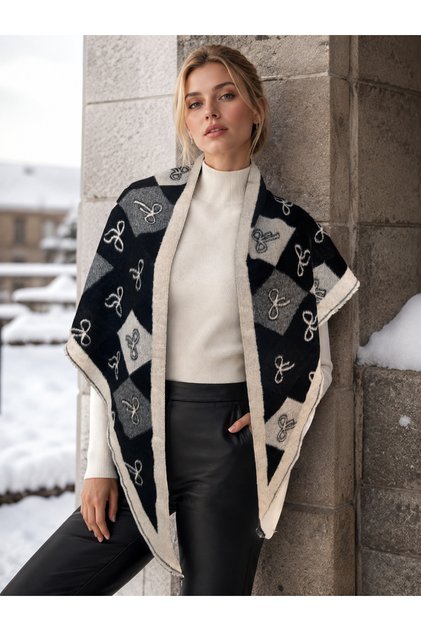 Women's Black Bow Patterned Baklava Triangle Shawl Sal1319