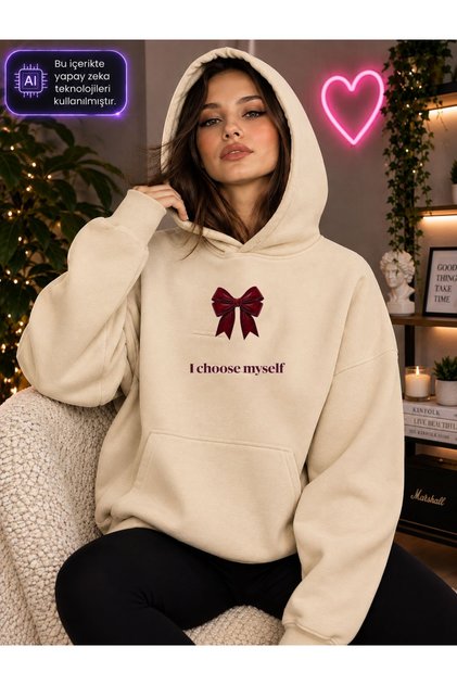 Women's Red Bow Printed I Choose Myself Written Hooded Kangaroo Pocket Cotton Casual Sweatshirt