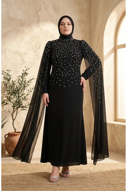 Plus Size Stone Embellished Hijab Evening Dress 6402-01 Black