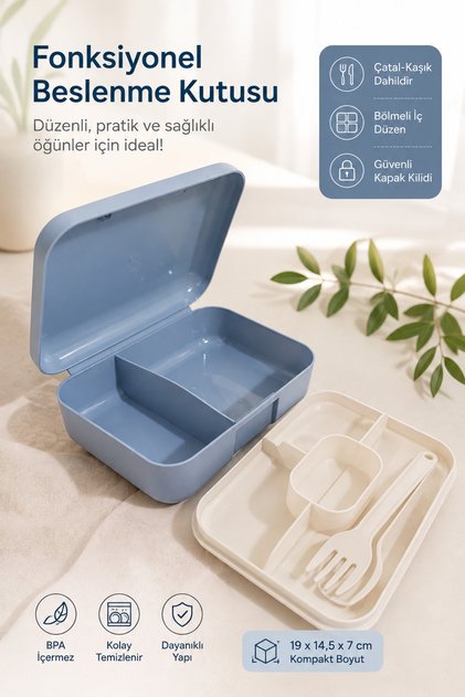 Compartmented Lunch Box with Fork and Spoon Set, Blue, 19 X 14.5 X 7 cm