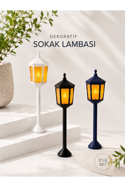 Dekoratif Sokak Lambası 3'lü Set – LED Mum Işıklı 3D Baskı Dekoratif Aydınlatma