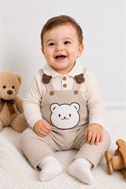 Baby Boy Waffle Salopet Set with Teddy Bear, Cotton Daily Combination Baby Set, 6-24 Months
