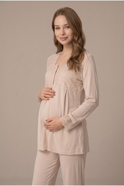 Women's Beige Long Sleeve Lace Maternity Pajama Set for Easy Breastfeeding
