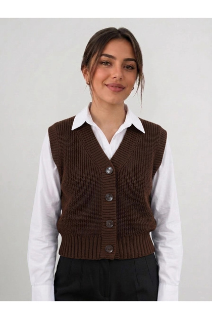 KAHVE Kadın Triko Yelek –suveter model Esnek Kışlık Kısa Model, Şık ve Modern Duruş
