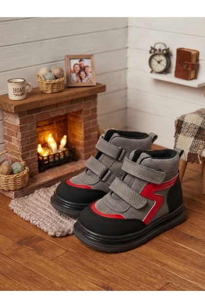 Genuine Leather Grey-Black Daily Orthopedic Boys' Boots