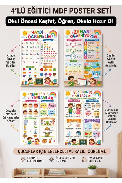 4'lü Okula Hazırlık Eğitici Çocuk Tablo Seti, Alfabe, Sayılar, Saat, Vücudumuz ve Temel Kavramlar Montessori Öğrenme Panosu