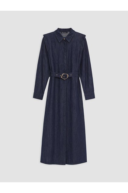 Lcw Modest Belted Ruffle Jean Shirt Dress