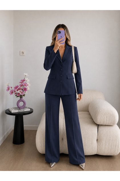 Kumaş Büyük Düğmeli Ceket Pantolon İkili Blazer Takım