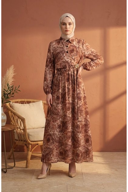Shawl Patterned Buttoned Elastic Waist Hijab Dress 0357-02 Beige