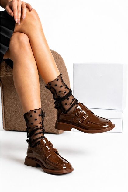 Women's Brown Patent Leather College Shoes with Double Buckle Classic Stylish Casual Shoes