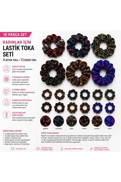 Women's Patterned Rubber Buckle Set 18 Pieces – 6 Large Size + 12 Small Size – 6 Different Colors