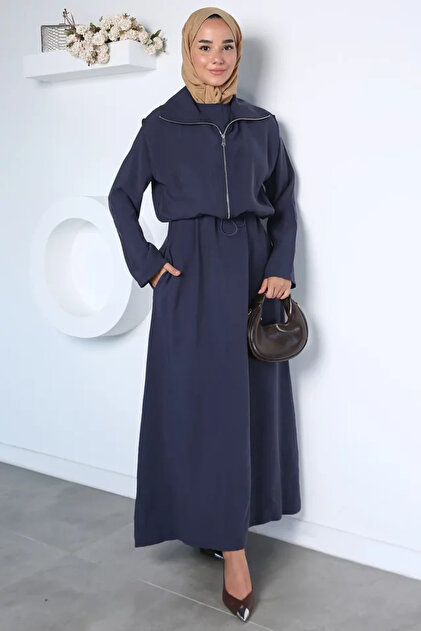 Long Sleeve Dress with Elastic Waist and Zippered Vest, Islamic Clothing, Two-Piece Set