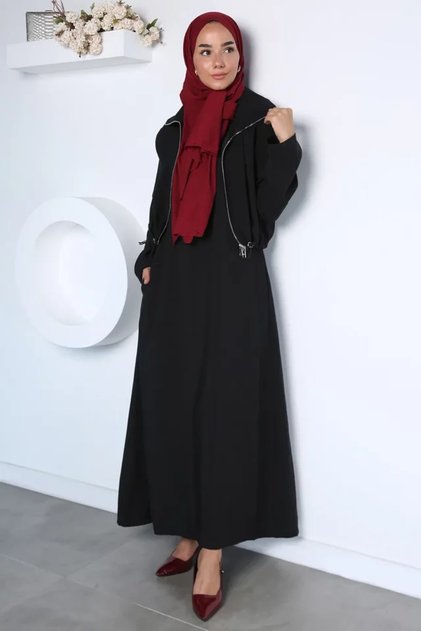 Long Sleeve Dress with Elastic Waist and Zippered Vest, Islamic Clothing, Two-Piece Set