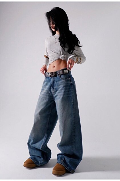 Kadın mavi renk baggy 9w_6 yüksek bel %100 koton denim pantolon