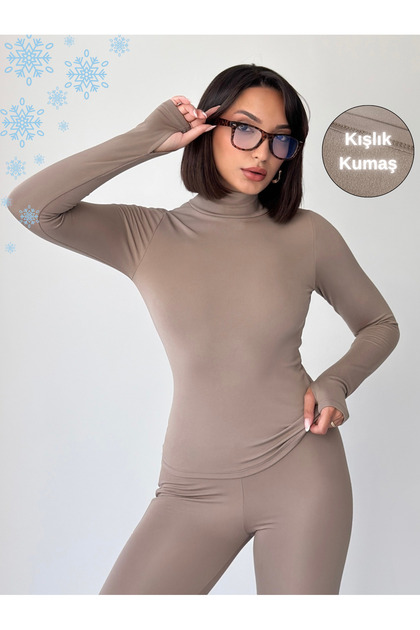 Winter Fleece Lined Turtleneck Long Sleeve Body Blouse with Finger Detail