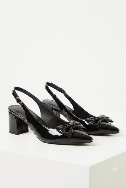 Beren Women's Black Patent Leather Bow Tie Open Back 5 cm Heeled Shoes