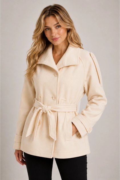 Women's Ecru Belted Double-Breasted Double-Button Lined Cashmere Short Coat