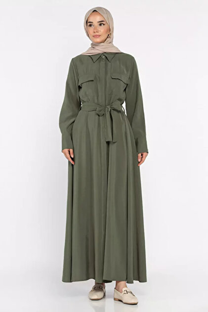 Polo Collar Waist Belted Double Pocket Hijab Dress