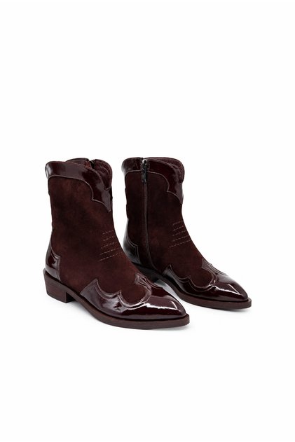 Women's Zippered Boots Genuine Brown Patent Leather+Brown Suede Leather