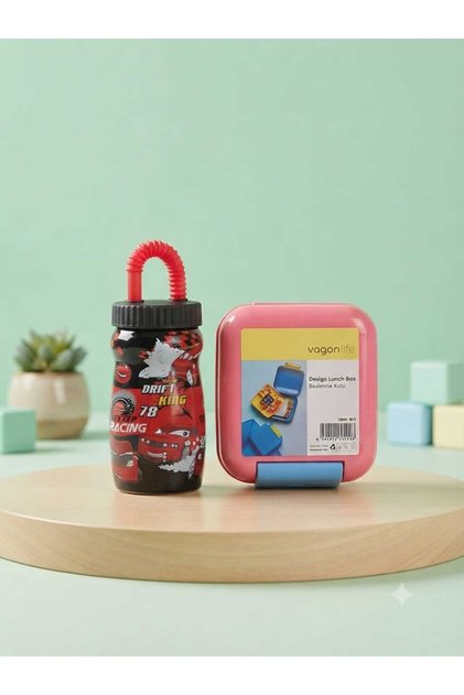 Vagon Life Pink Lunch Box and Black Racing Themed Children's Water Bottle Set